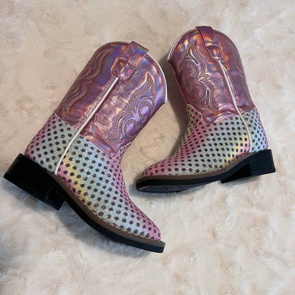 Old West Girls Iridescent Pink and Silver Studded Western Boots